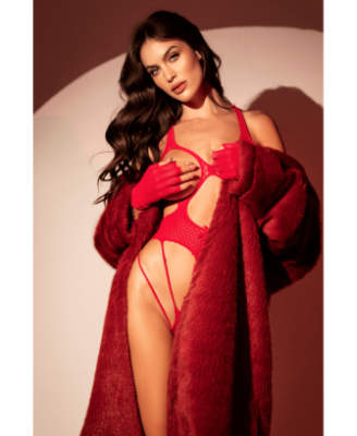 Body en résille rouge, seins nus avec gants assortis - Mapalé
